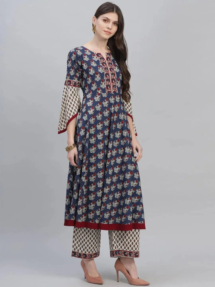 Navy Blue Printed Cotton Suit Set - Libas