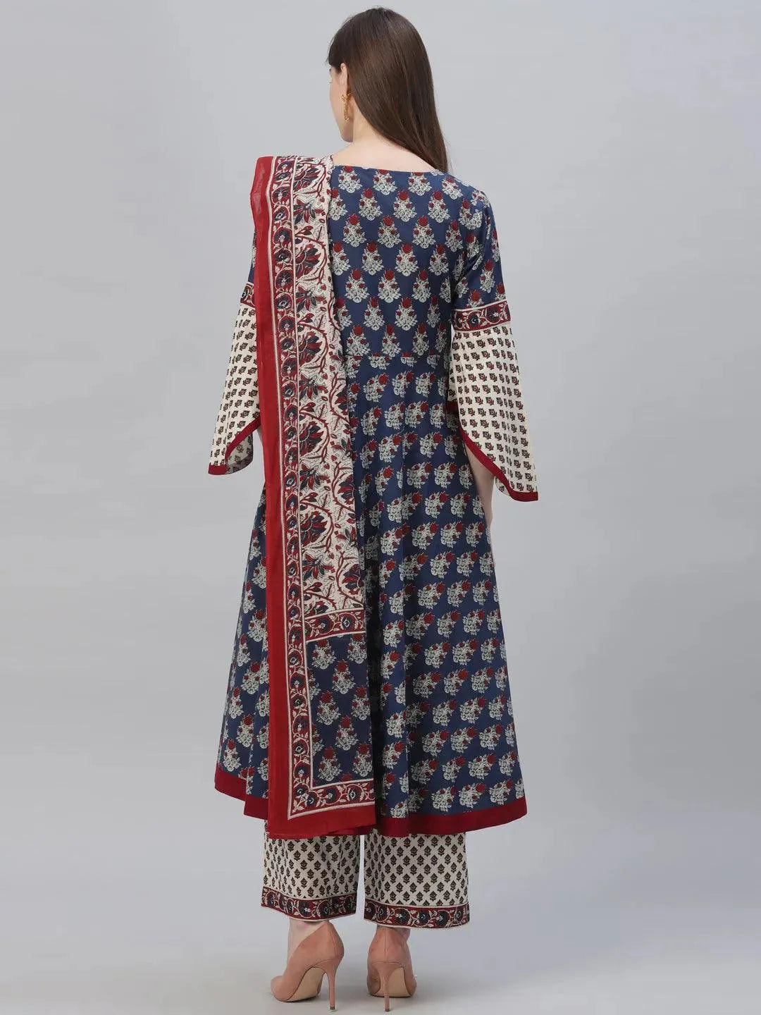 Navy Blue Printed Cotton Suit Set - Libas 