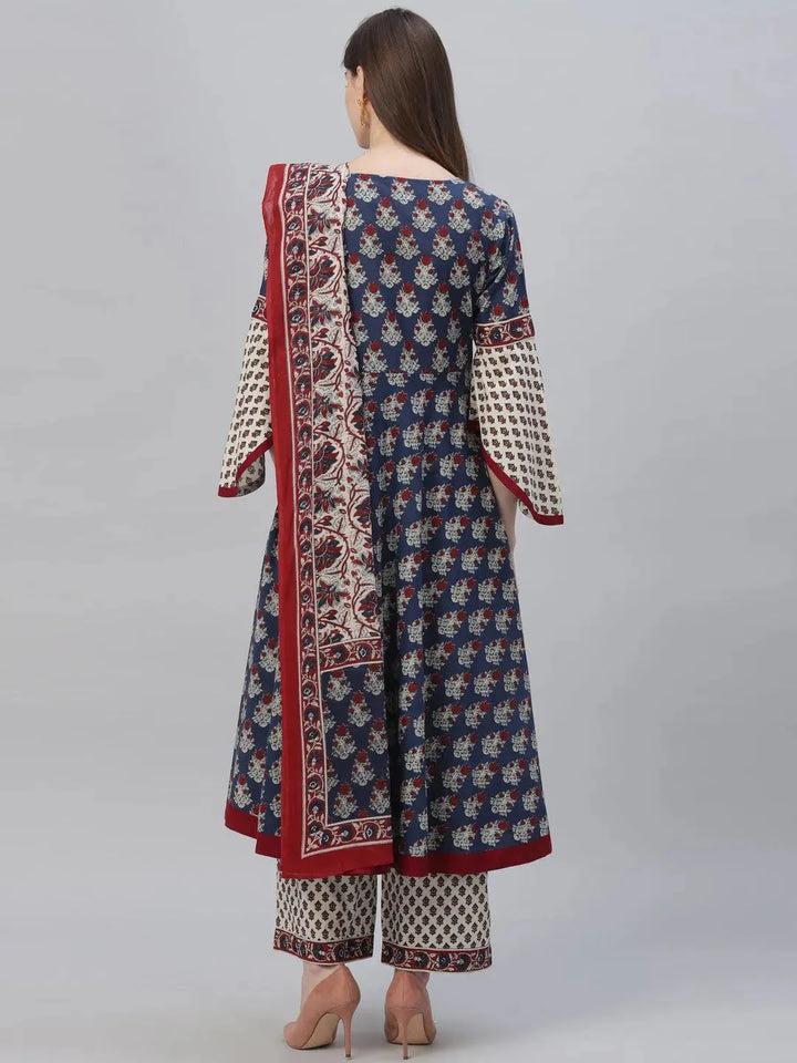 Navy Blue Printed Cotton Suit Set - Libas