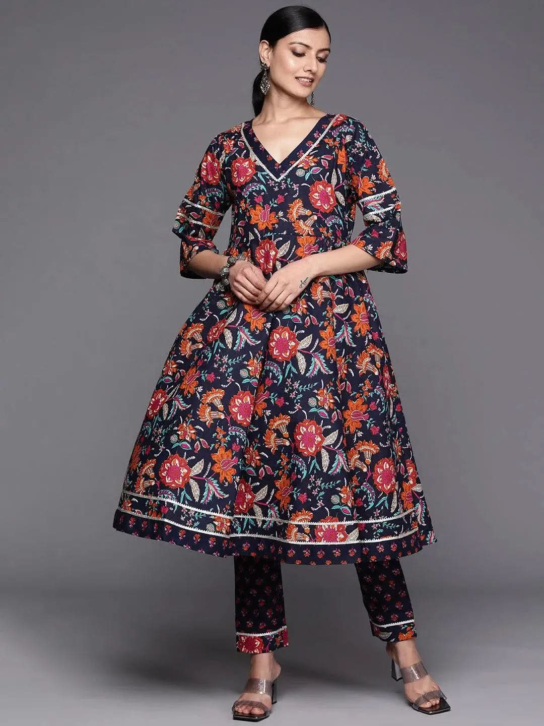 Navy Blue Printed Cotton Anarkali Kurta Set With Trousers - Libas 