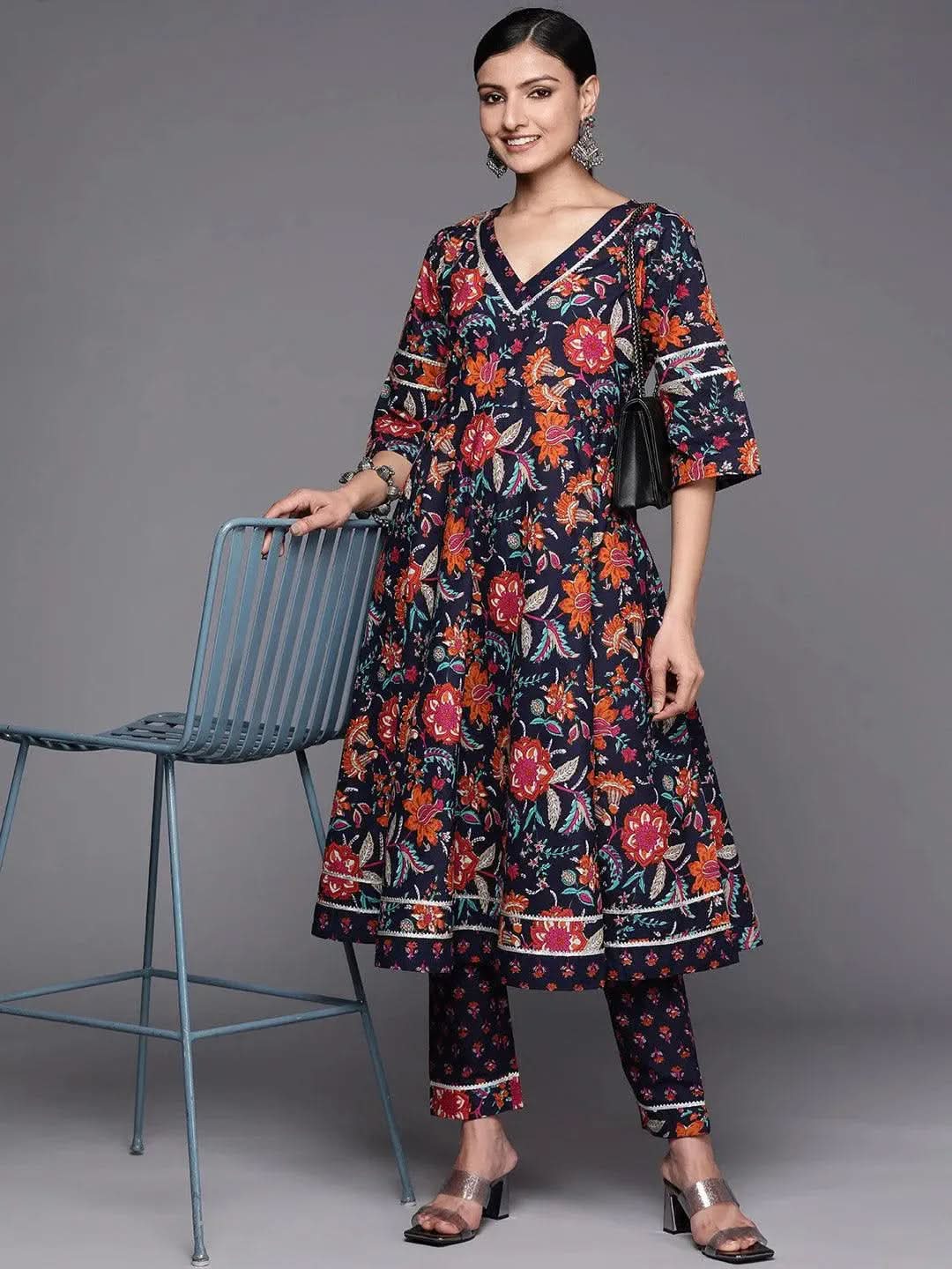Navy Blue Printed Cotton Anarkali Kurta Set With Trousers - Libas 