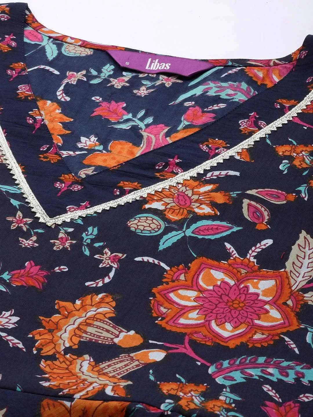 Navy Blue Printed Cotton Anarkali Kurta Set With Trousers - Libas 