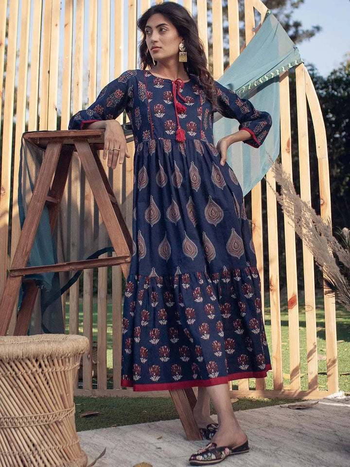 Navy Blue Printed Cotton Dress - Libas