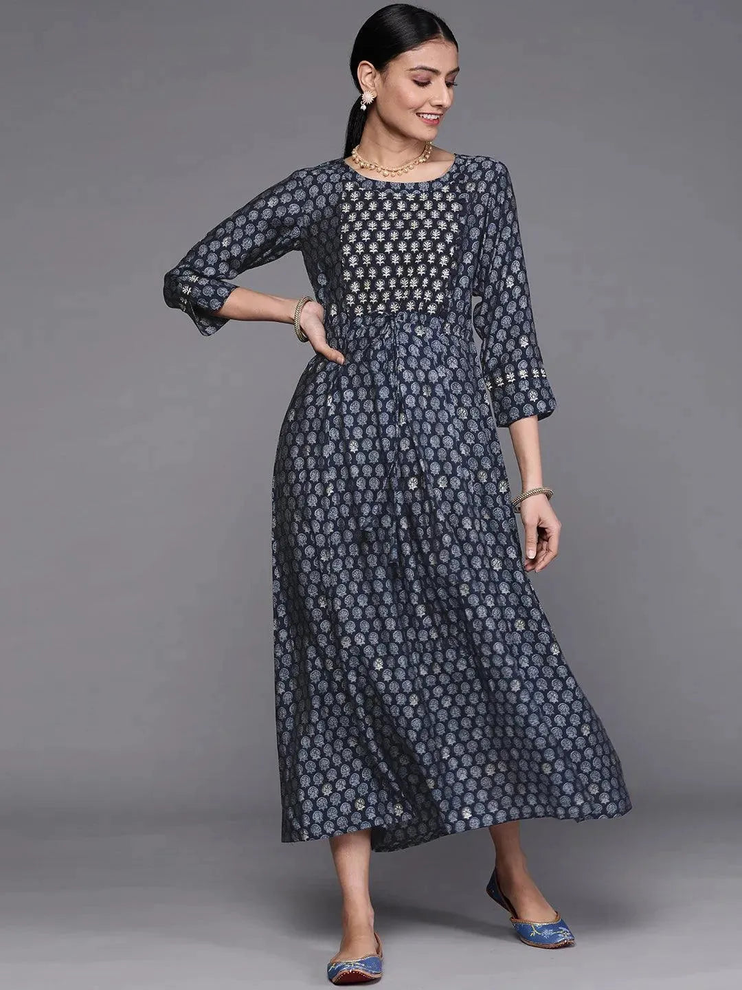 Navy Blue Printed Cotton Dress - Libas