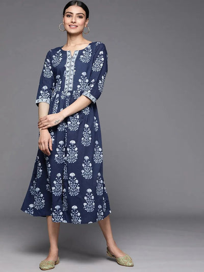 Navy Blue Printed Cotton Dress - Libas