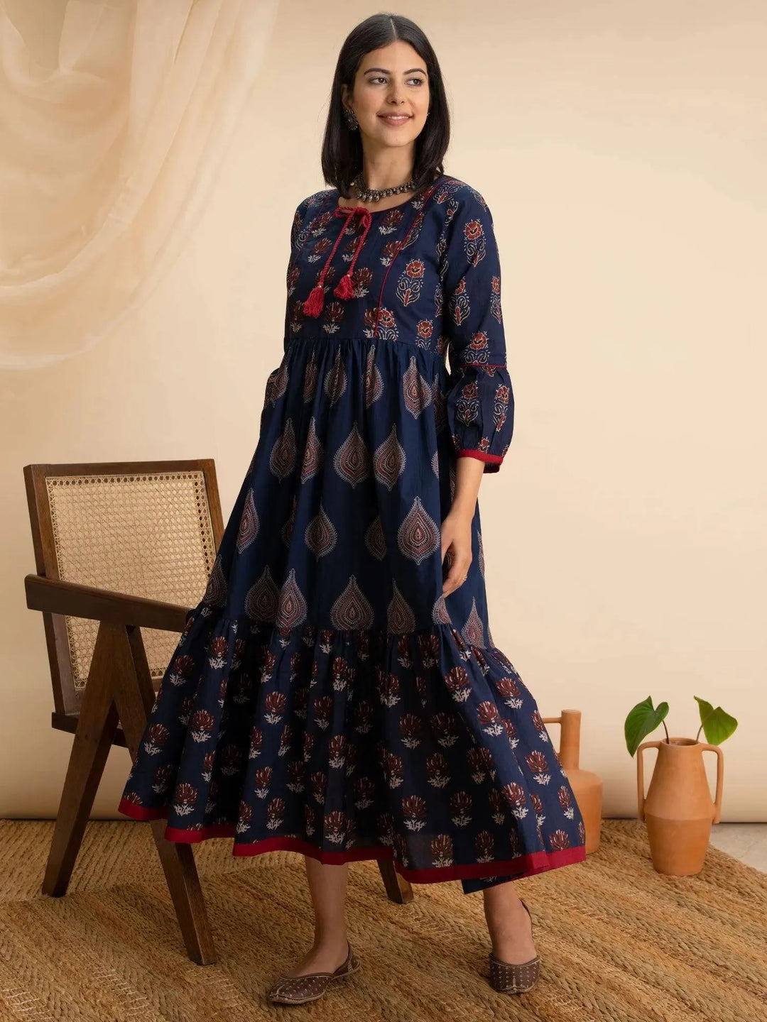 Navy Blue Printed Cotton Dress - Libas