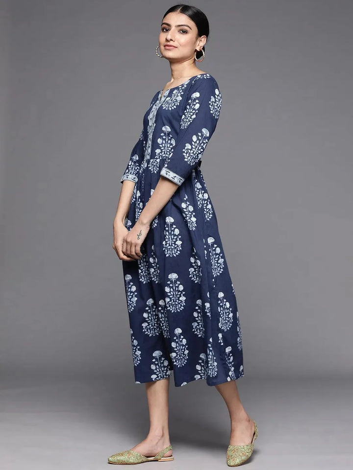 Navy Blue Printed Cotton Dress - Libas