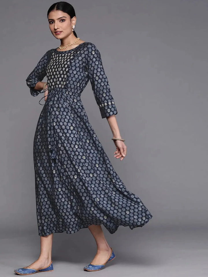 Navy Blue Printed Cotton Dress - Libas