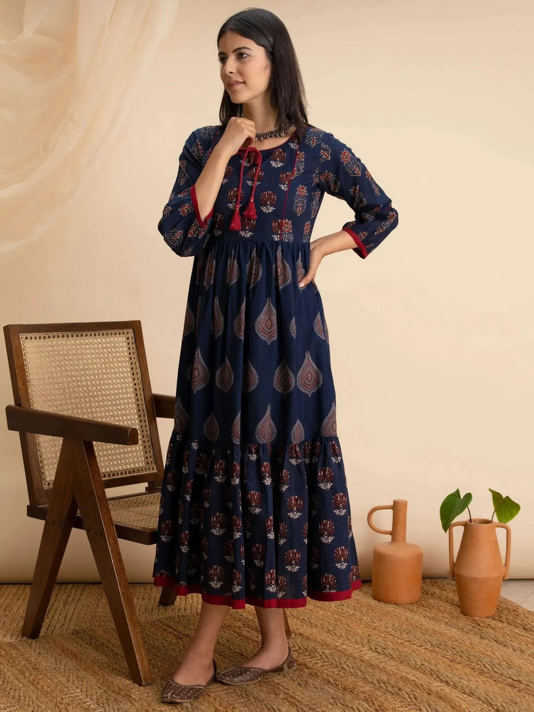 Navy Blue Printed Cotton Dress - Libas