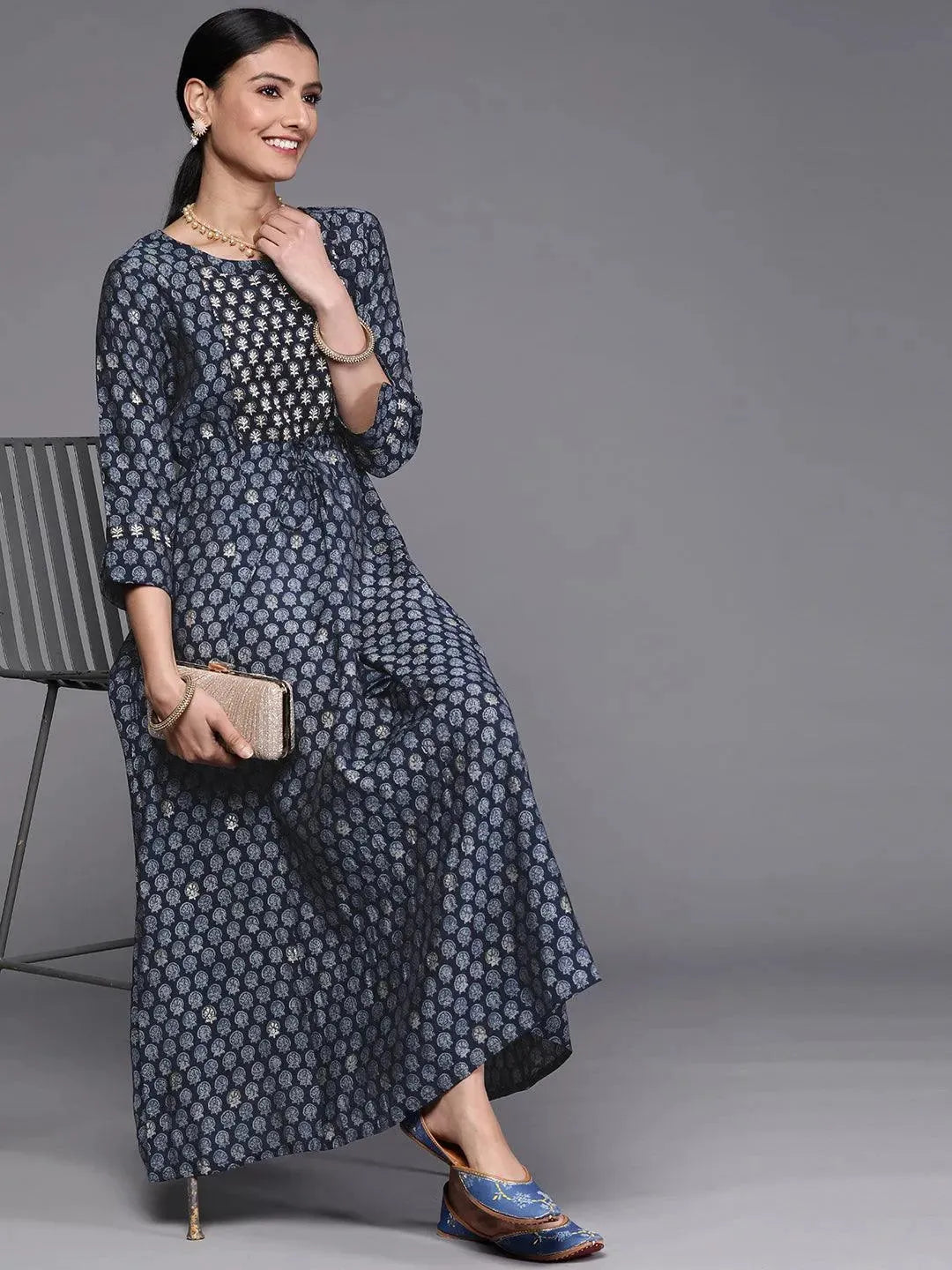 Navy Blue Printed Cotton Dress - Libas