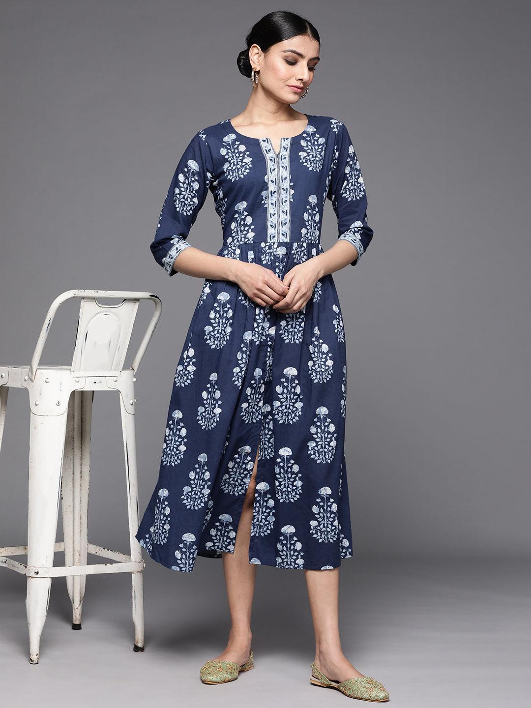 Navy Blue Printed Cotton Dress - Libas