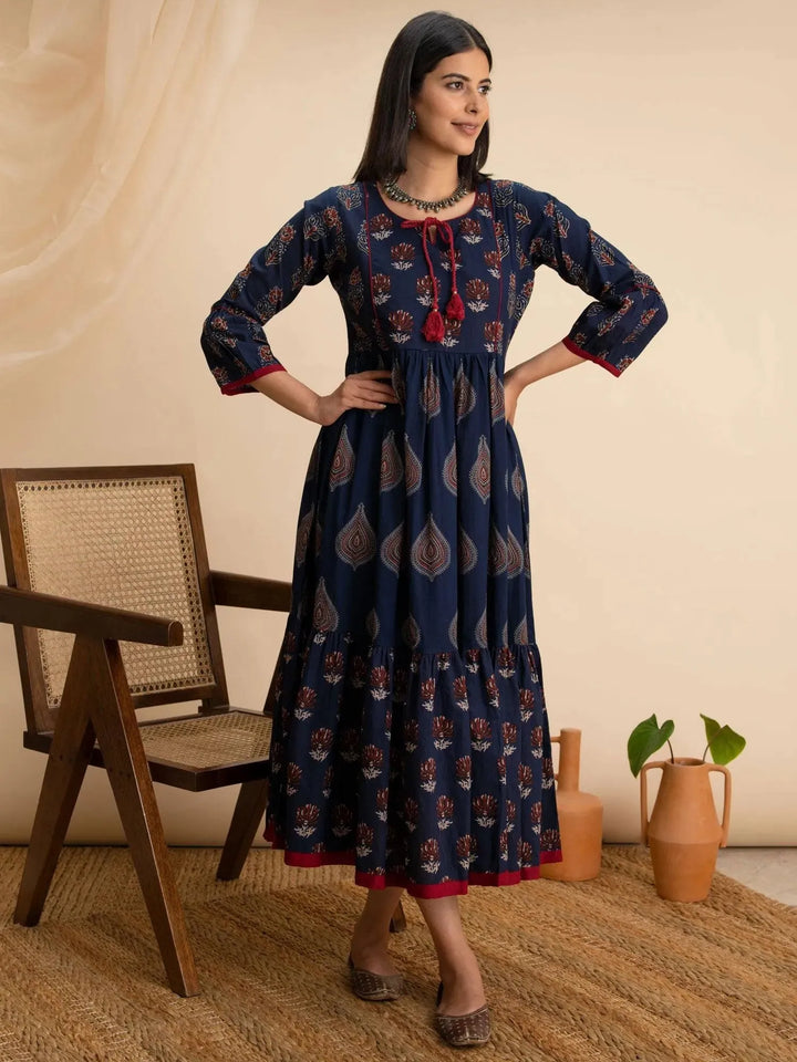 Navy Blue Printed Cotton Dress - Libas