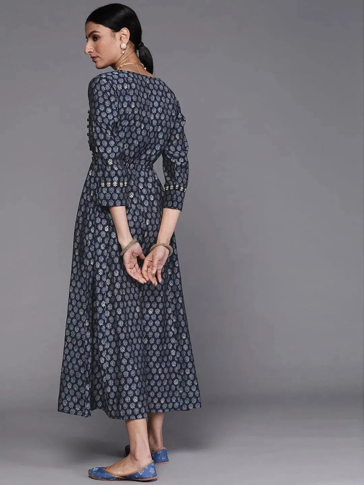 Navy Blue Printed Cotton Dress - Libas