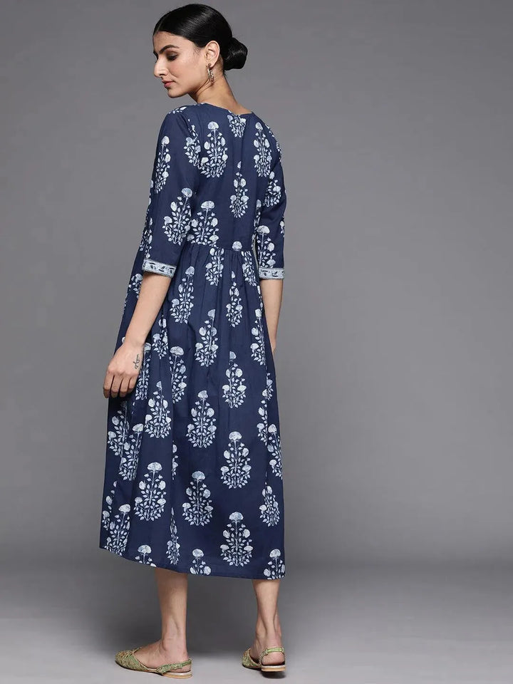 Navy Blue Printed Cotton Dress - Libas