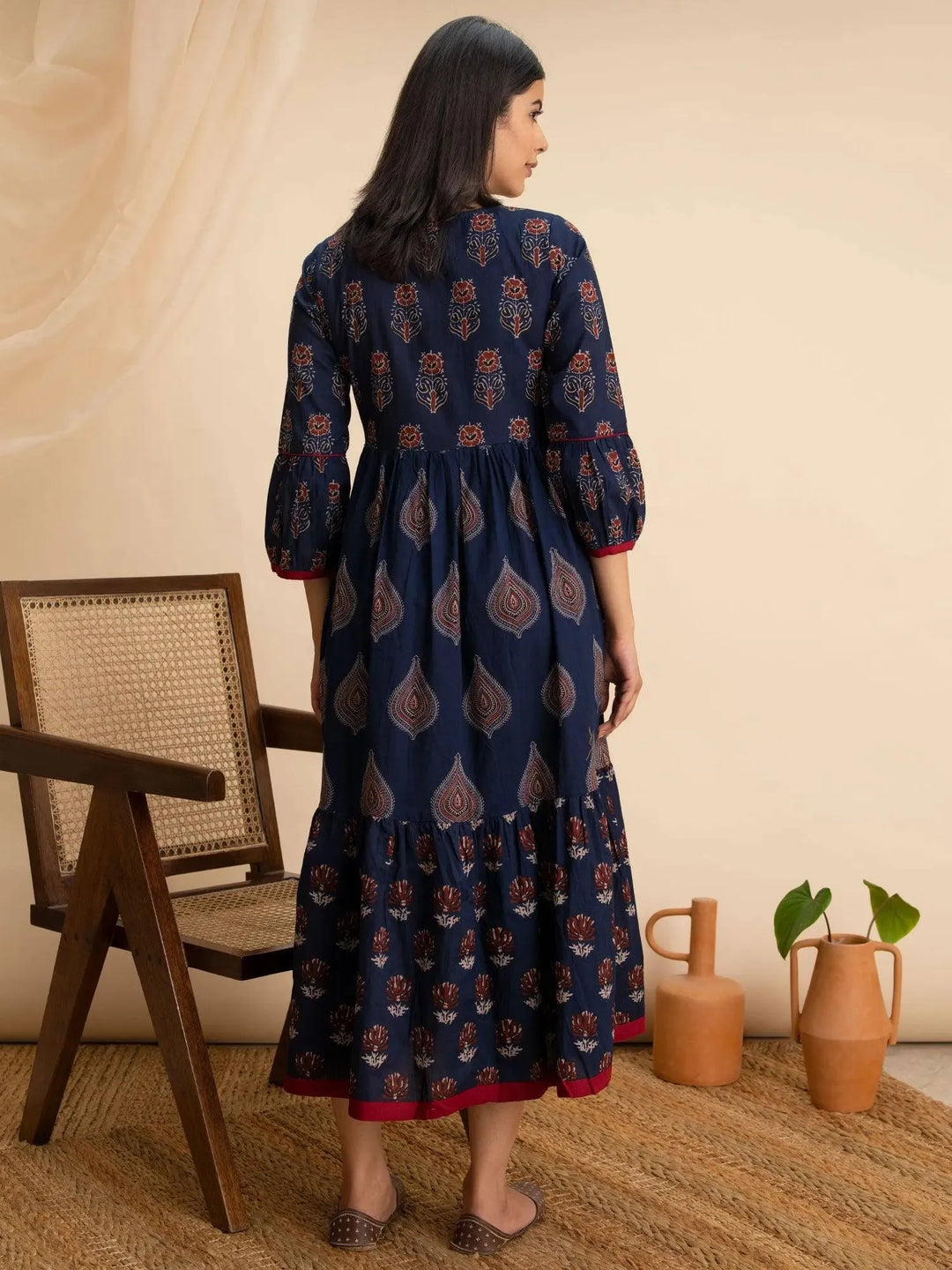 Navy Blue Printed Cotton Dress - Libas 