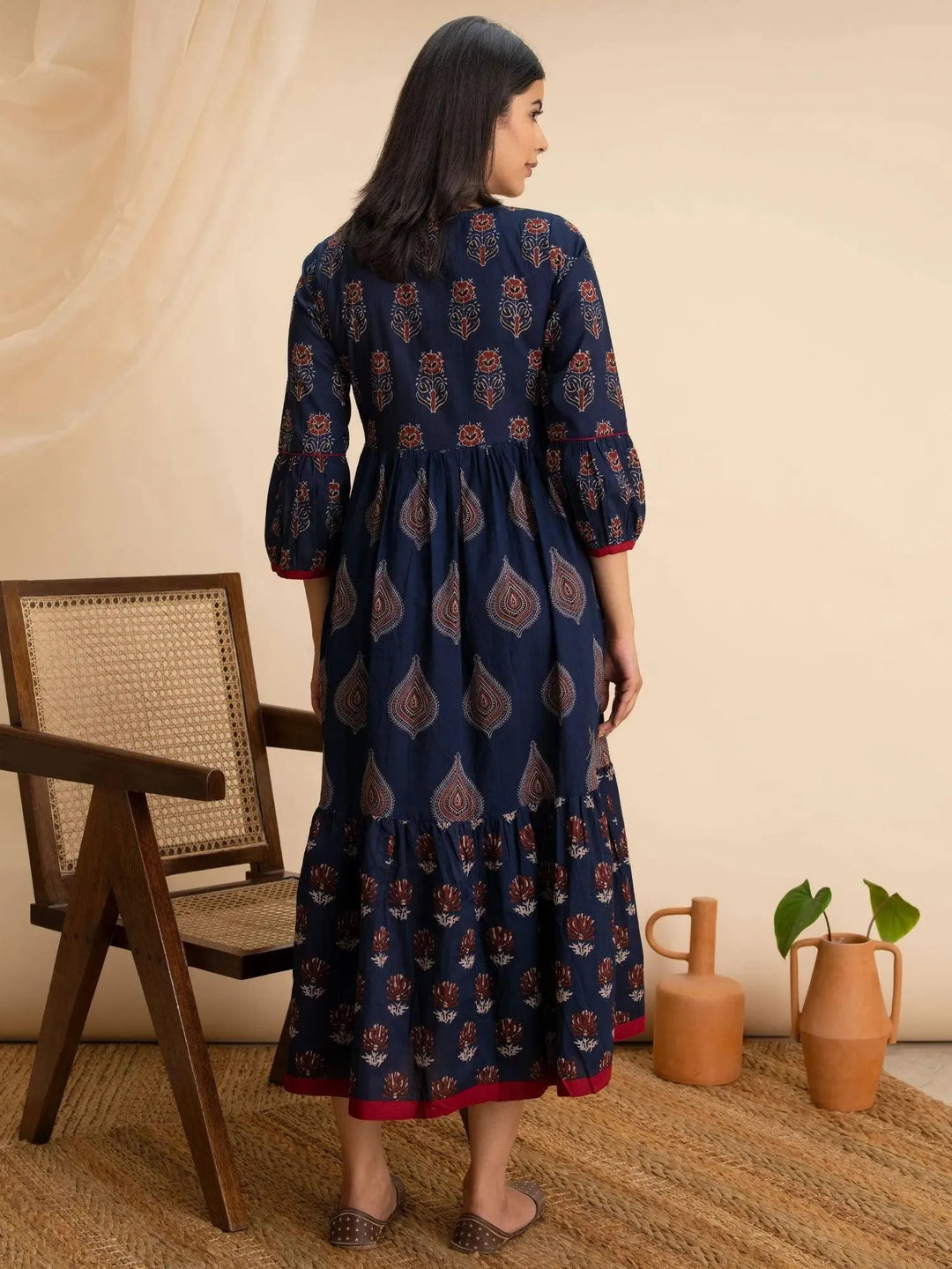 Navy Blue Printed Cotton Dress - Libas