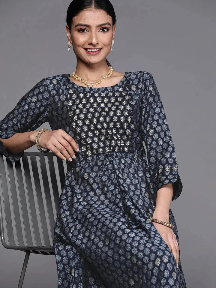 Navy Blue Printed Cotton Dress - Libas