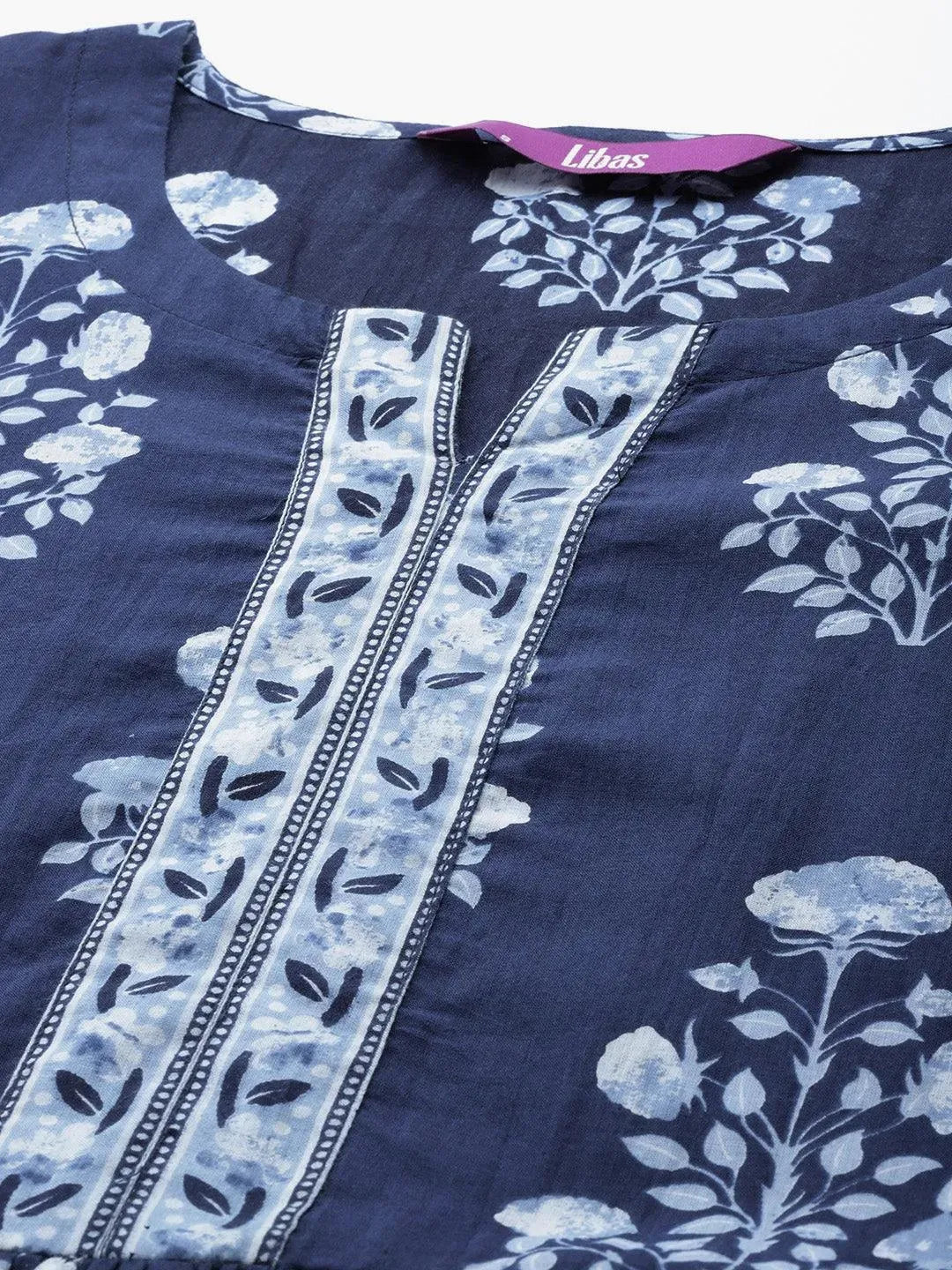 Navy Blue Printed Cotton Dress - Libas 
