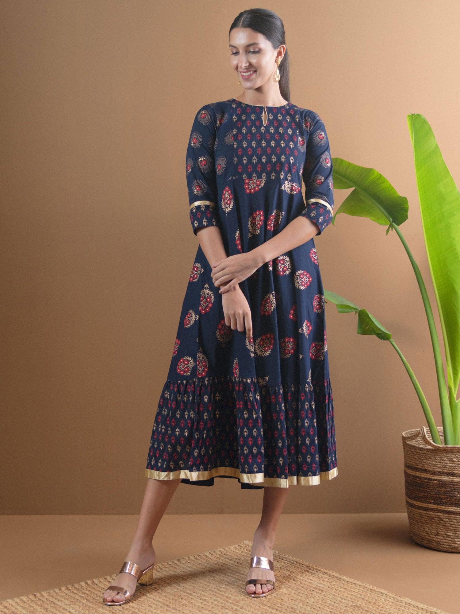 Navy Blue Printed Cotton Dress With Mask