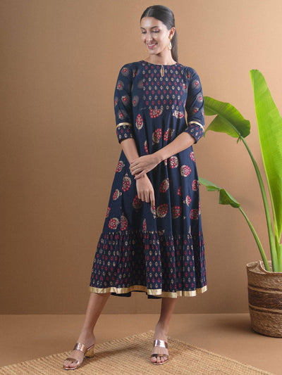 Navy Blue Printed Cotton Dress With Mask - Libas