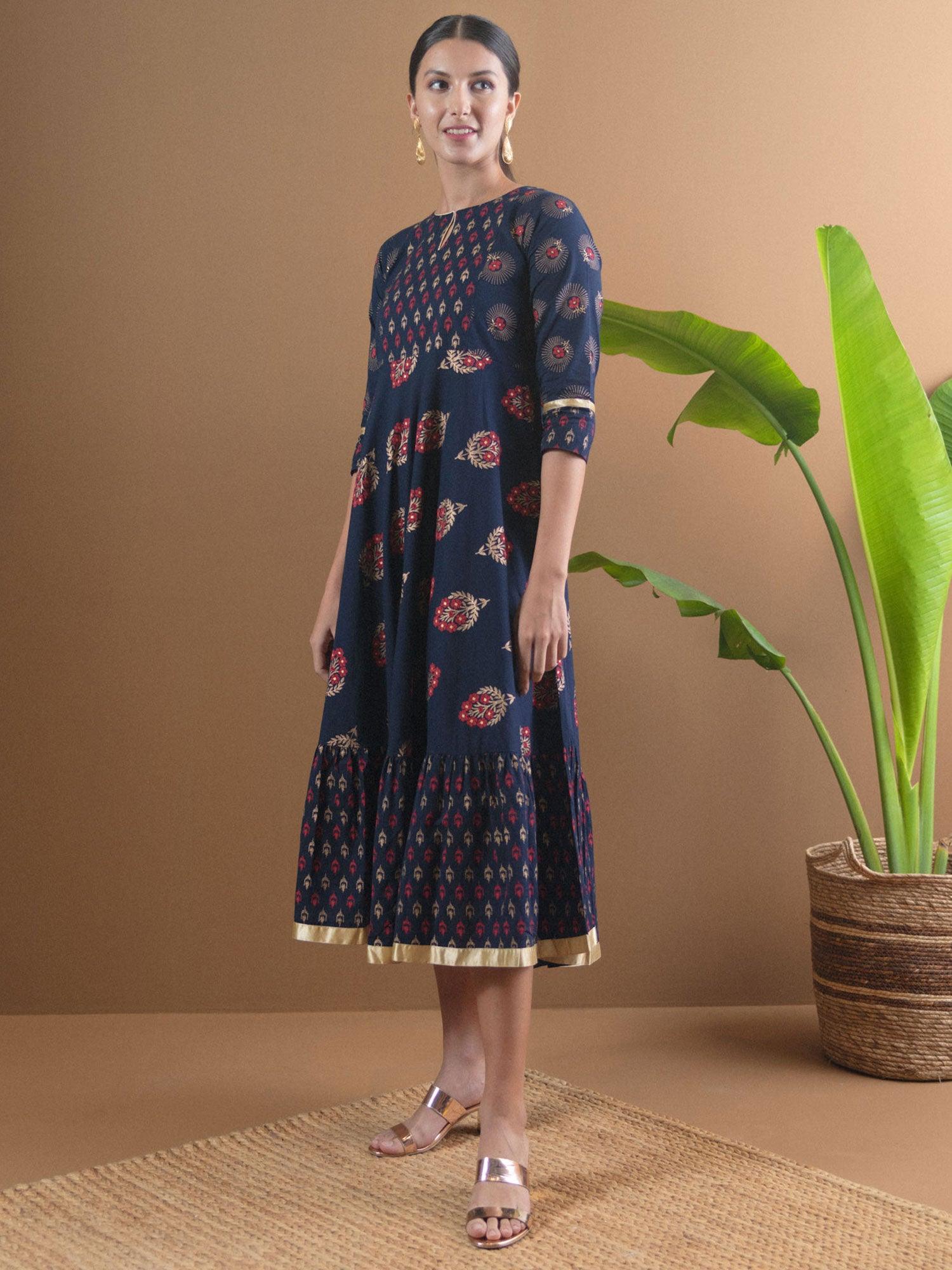 Navy Blue Printed Cotton Dress With Mask