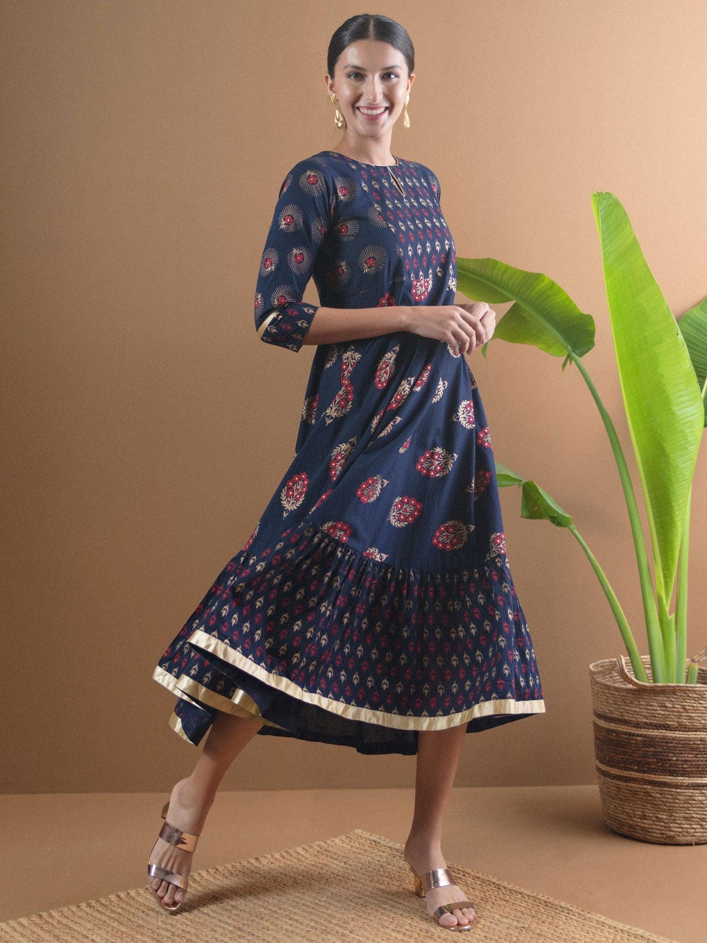 Navy Blue Printed Cotton Dress With Mask - Libas