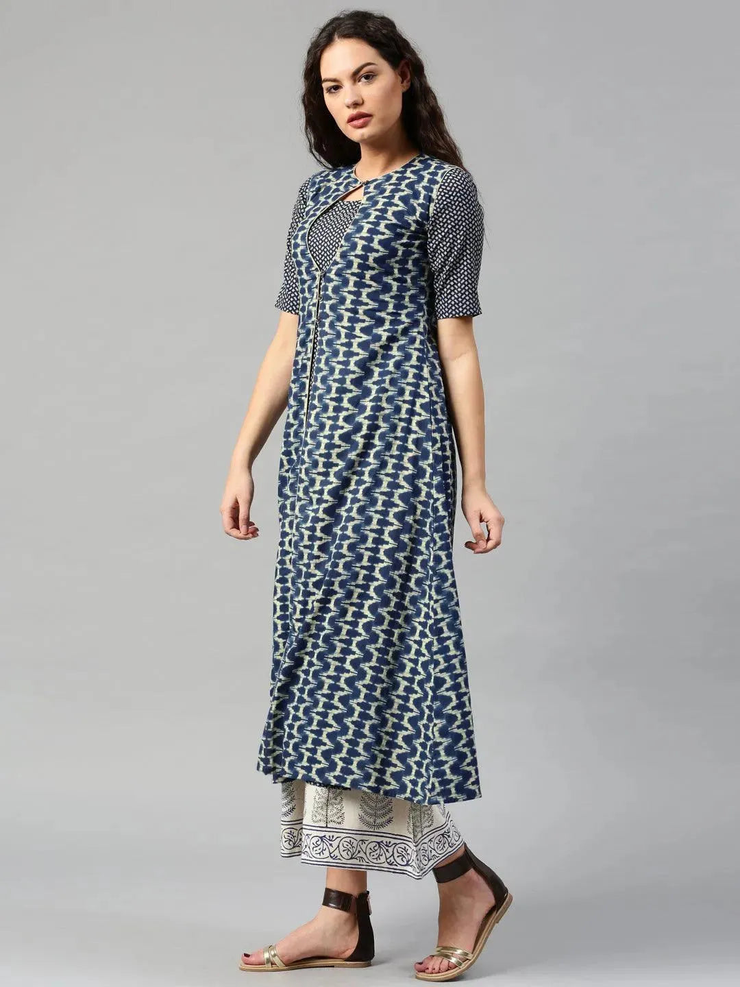 Navy Blue Printed Cotton Kurta - Libas