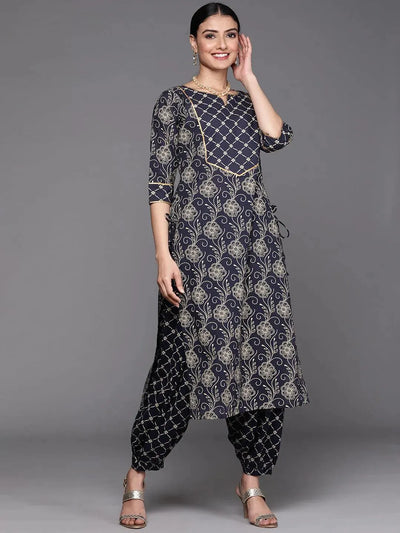 Navy Blue Printed Cotton Kurta - Libas