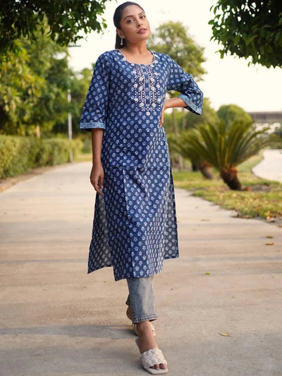 Navy Blue Printed Cotton Kurta - Libas