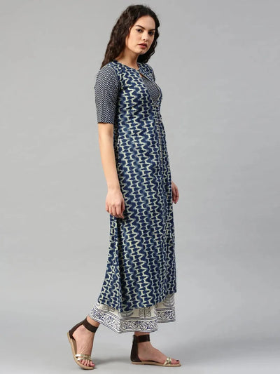 Navy Blue Printed Cotton Kurta - Libas