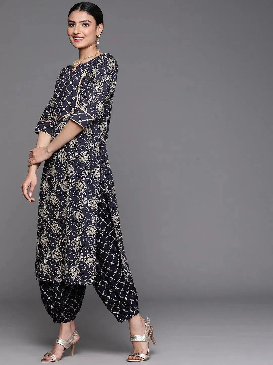 Navy Blue Printed Cotton Kurta - Libas
