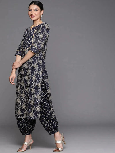 Navy Blue Printed Cotton Kurta - Libas