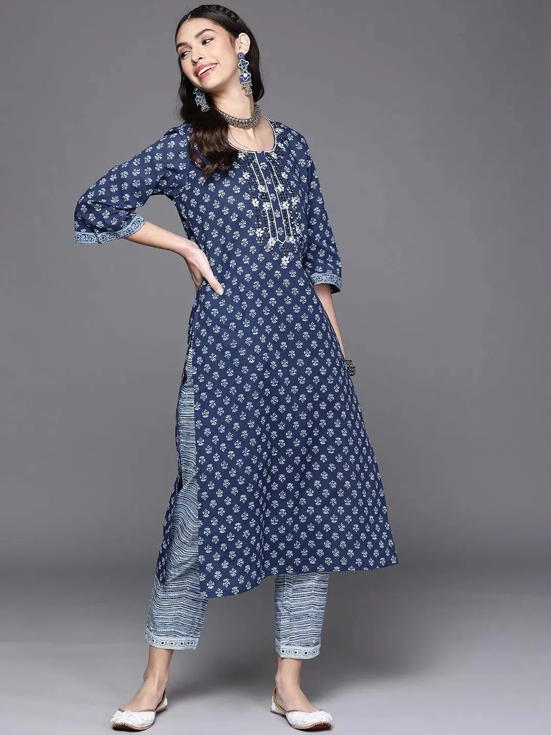 Navy Blue Printed Cotton Kurta - Libas