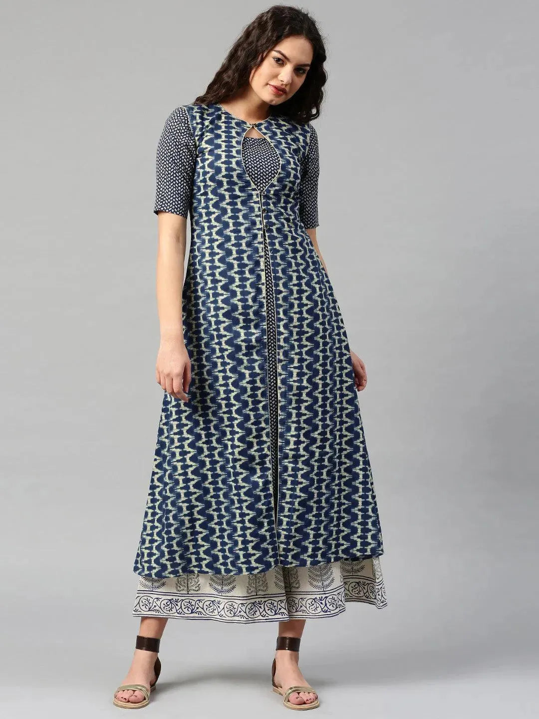 Navy Blue Printed Cotton Kurta - Libas