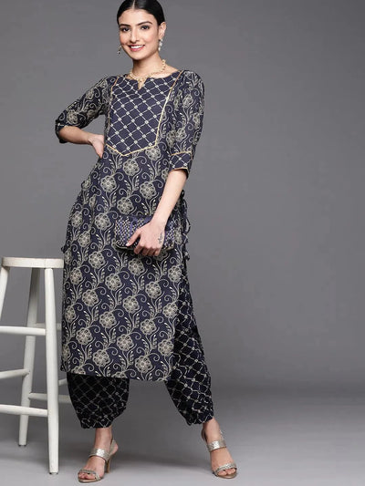 Navy Blue Printed Cotton Kurta - Libas