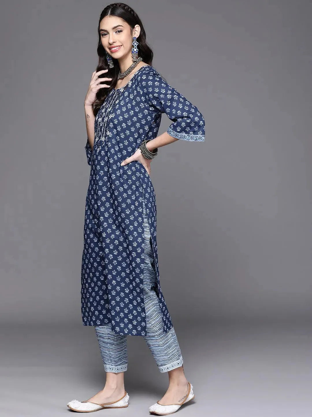 Navy Blue Printed Cotton Kurta - Libas