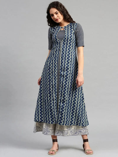 Navy Blue Printed Cotton Kurta - Libas