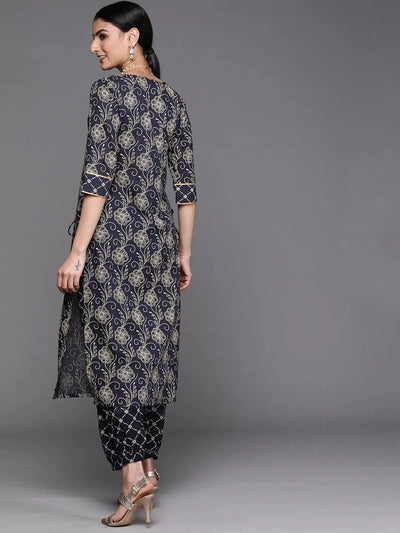 Navy Blue Printed Cotton Kurta - Libas