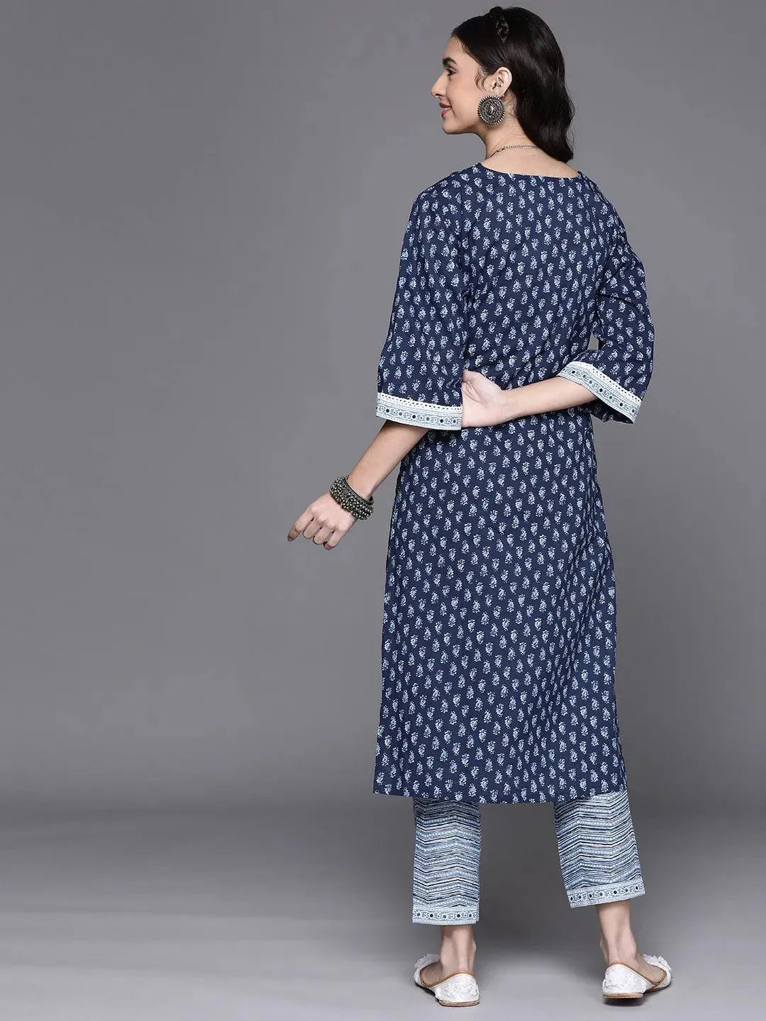 Navy Blue Printed Cotton Kurta - Libas 
