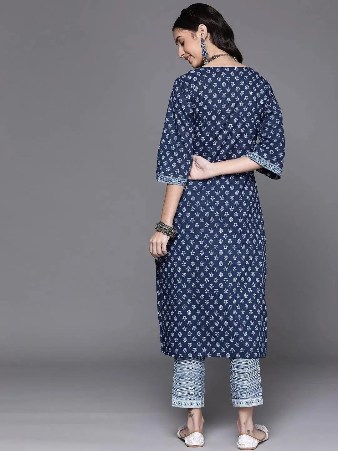 Navy Blue Printed Cotton Kurta - Libas