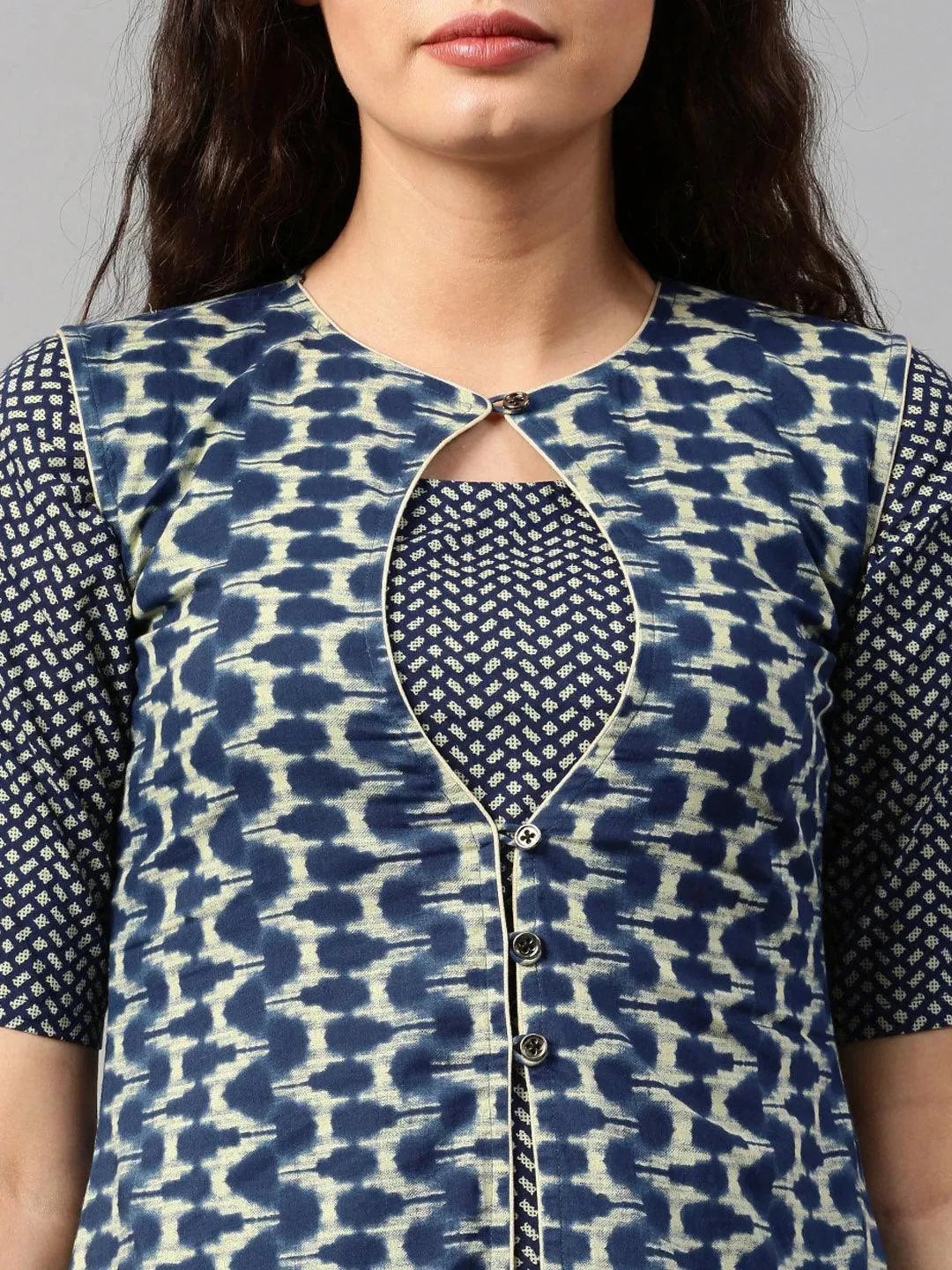 Navy Blue Printed Cotton Kurta - Libas