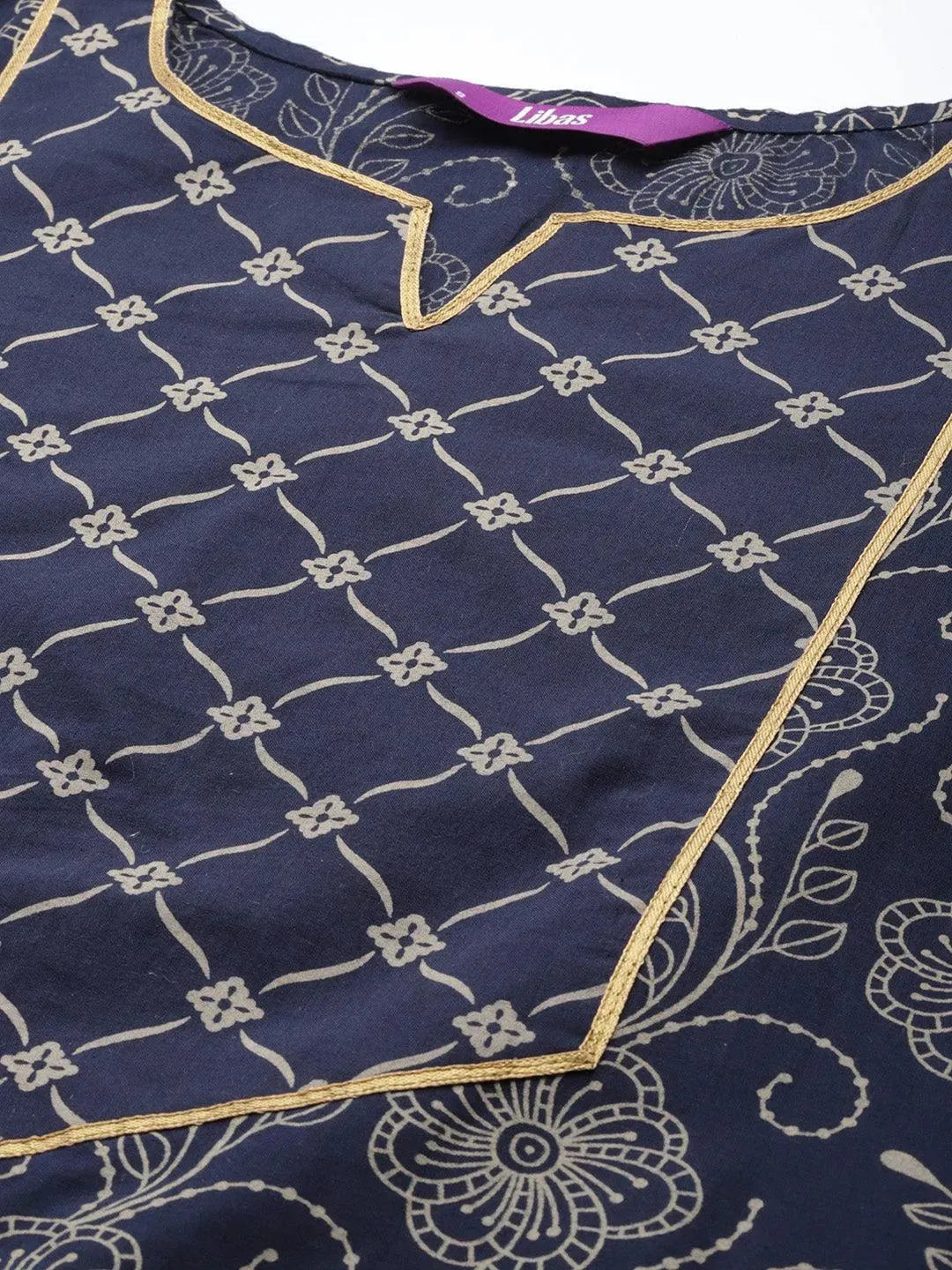 Navy Blue Printed Cotton Kurta - Libas