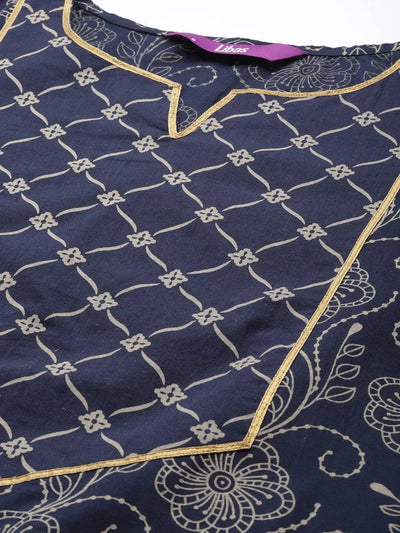Navy Blue Printed Cotton Kurta - Libas