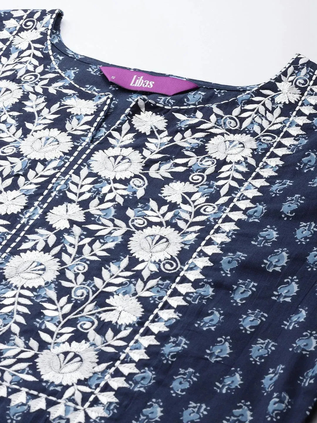 Navy Blue Printed Cotton Kurta - Libas 