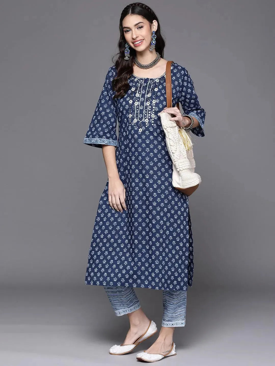 Navy Blue Printed Cotton Kurta - Libas