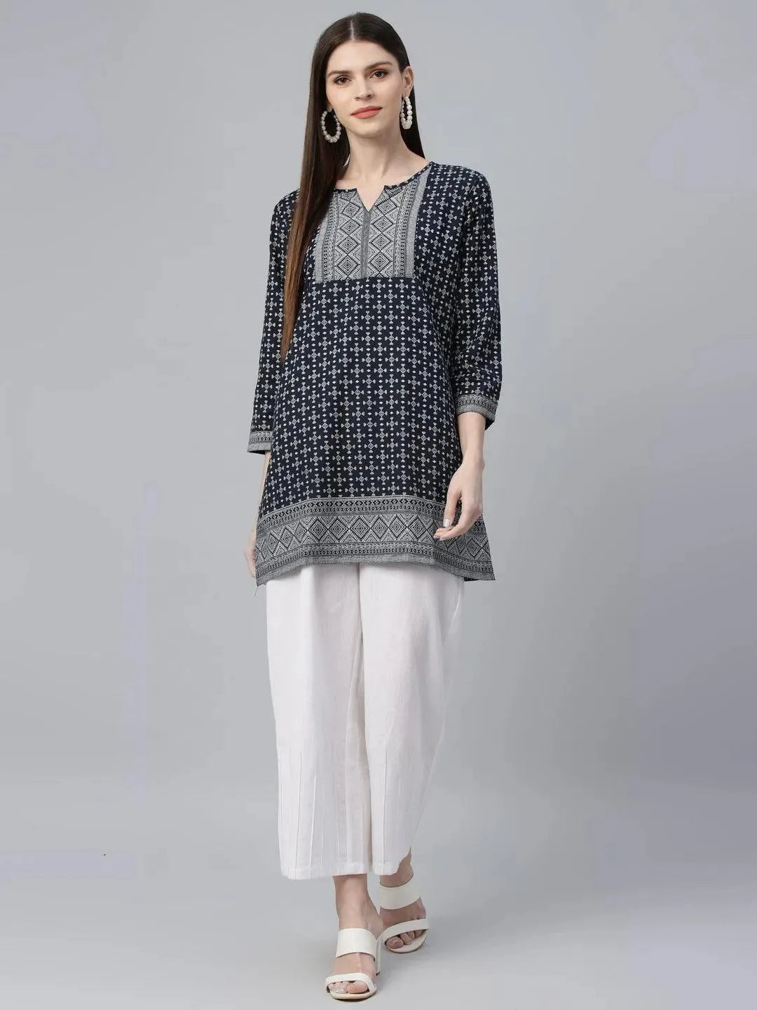 Navy Blue Printed Cotton Kurti - Libas