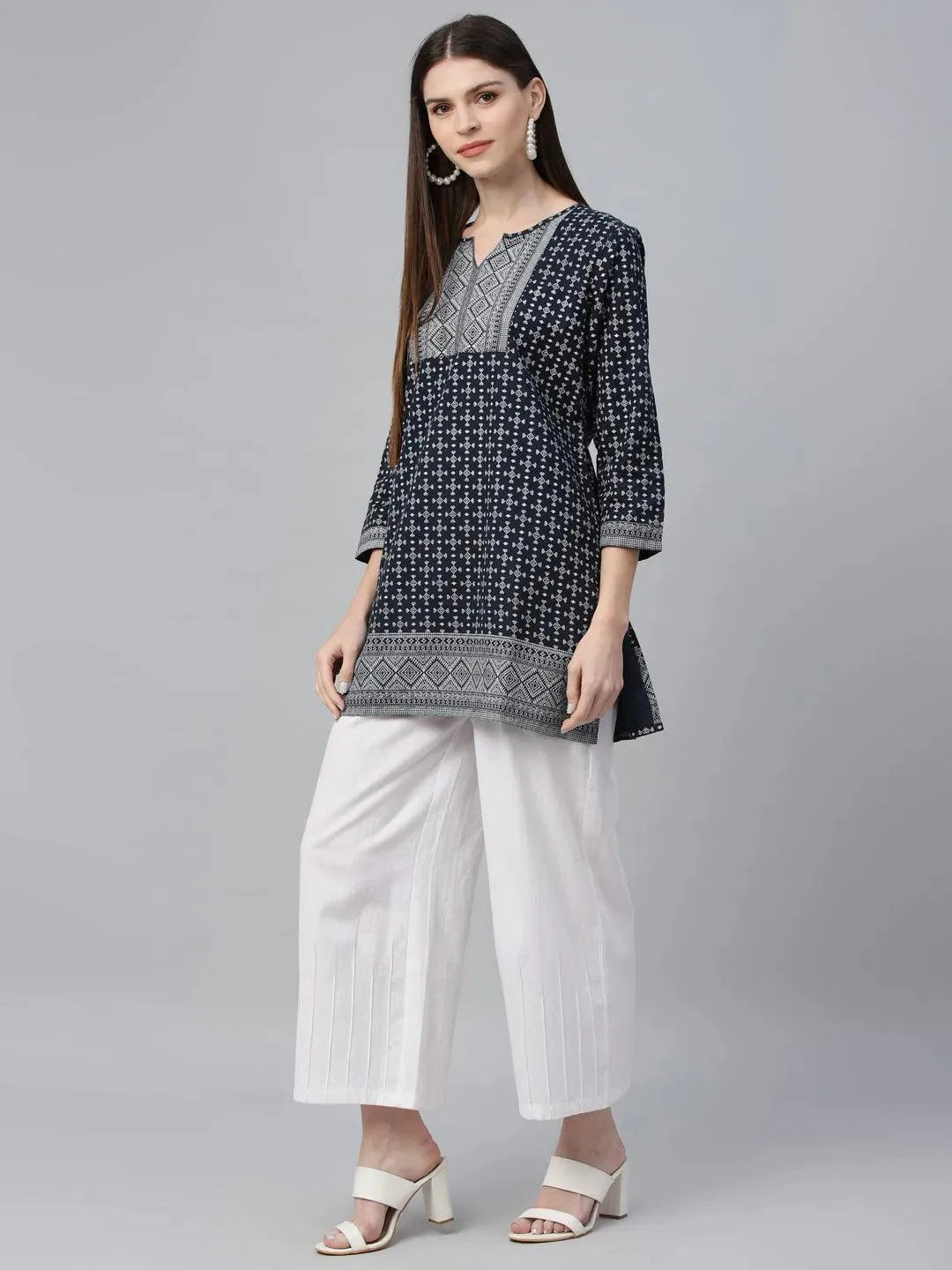 Navy Blue Printed Cotton Kurti - Libas