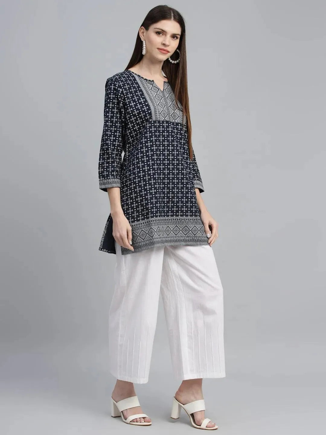 Navy Blue Printed Cotton Kurti - Libas