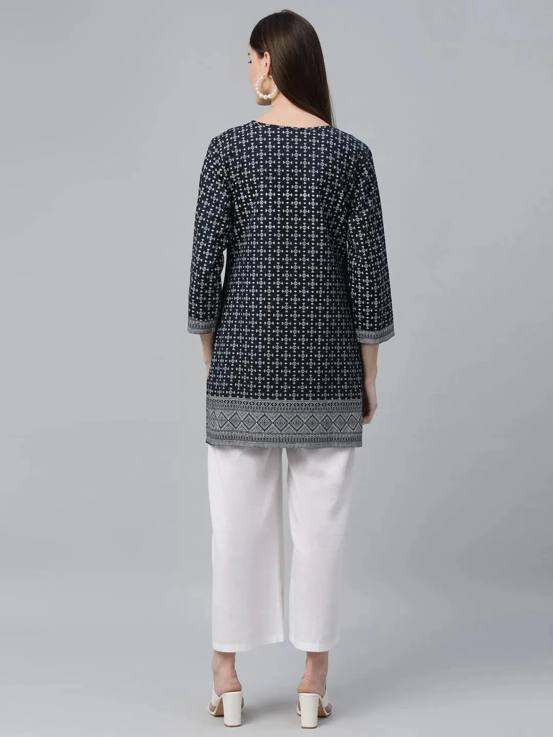 Navy Blue Printed Cotton Kurti - Libas