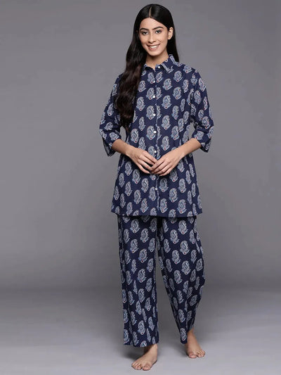 Navy Blue Printed Cotton Night Suit - Libas